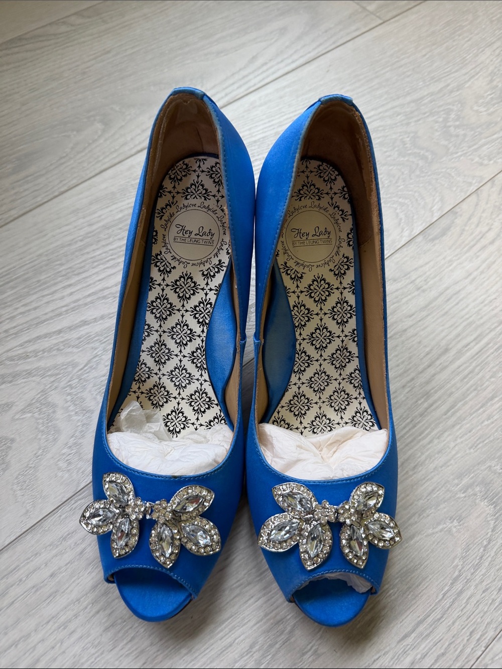 Royal Blue Satin Peep-Toe Heels with Crystal Floral Accent